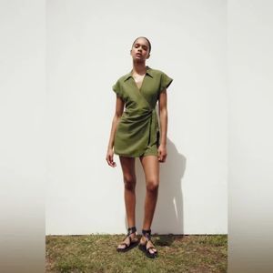 ZARA KNOTTED LINEN BLEND SHORT JUMPSUIT